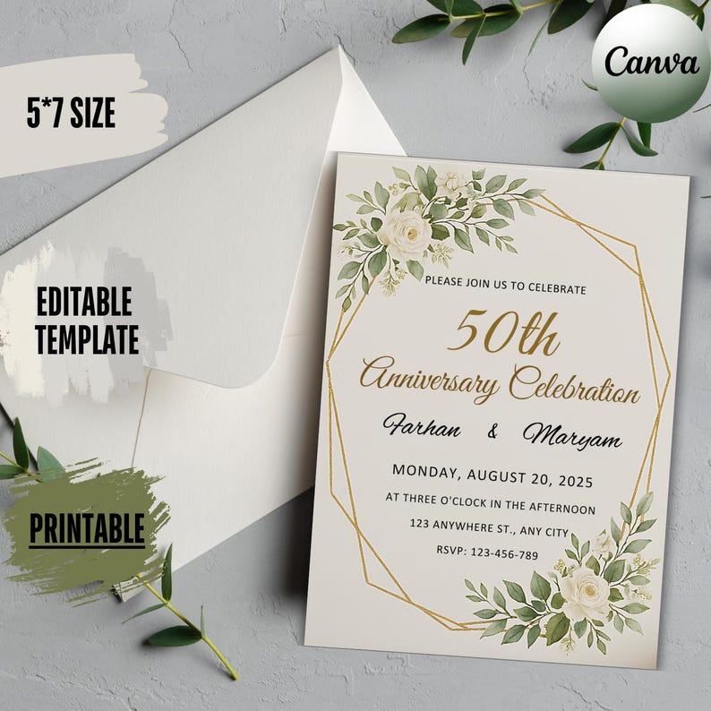 May include: An ivory-colored 5x7 inch anniversary invitation with gold geometric accents and floral details. The invitation includes the text "50th Anniversary Celebration" and event details. The words "Editable Template" and "Printable" are also visible.