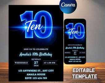 Invitación de cumpleaños número 10 con temática de videojuegos para fiestas de videojuegos (Canva PDF 5x7)