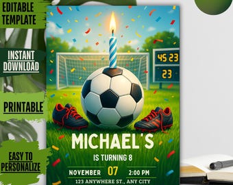 Invitación de cumpleaños de fútbol editable: Plantilla Canva de 5x7 (descarga digital)