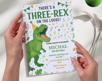 Dinosaurus derde verjaardagsuitnodiging: bewerkbare Three Rex Dino Party (digitaal bestand)
