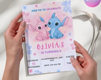Stitch and Angel födelsedagsinbjudan: Redigerbar festinbjudan (5x7, digital mall, PDF/JPG/PNG)