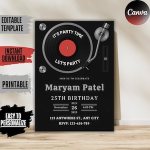 Editable Vinyl Record Birthday Invitation: Rock Music Party (5x7, Digital Download)