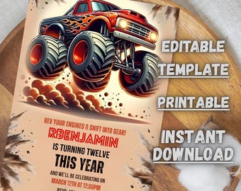 Monster Truck-verjaardagsuitnodiging, racefeest (bewerkbare canva-sjabloon, digitale download)