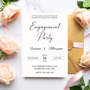 May include: An engagement party invitation with elegant script text. The invitation includes the names "Farhan & Maryam", date, time, and location details. Soft pink roses and a gold envelope with a wax seal and pink ribbon surround the invitation.