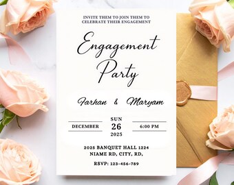 Plantilla de invitación para fiesta de compromiso con monograma y borde negro (descarga editable)