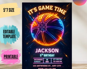Basketbal verjaardagsuitnodiging, bewerkbaar sportthema (5 x 7 in digitaal bestand)