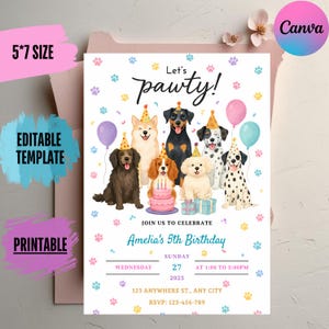 May include: A printable birthday party invitation with a cartoon dog theme. The invitation reads "Let's pawty!" and includes details for Amelia's 5th birthday. The design features paw prints, balloons, and a pink and blue colour scheme. The invitation is 5x7 inches.