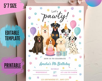 Invitación para fiesta de cachorros: Cumpleaños de perros, rosa, morado y verde azulado (archivo digital editable de 5 x 7 pulgadas)