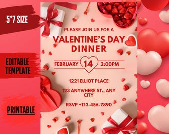 Plantilla de invitación para fiesta de San Valentín con temática de corazones rojos y blancos. Descarga instantánea.