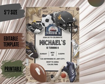 Football Birthday Invitation Template, Sports Theme (Editable, Digital Download)