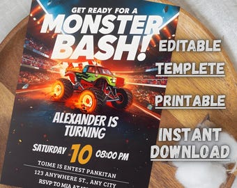 Plantilla de invitación de cumpleaños de Monster Truck para niños (descarga digital)