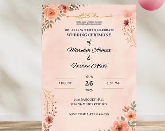 Floral Nikkah Invitation Template: Editable Muslim Wedding Invite (Canva, Digital Download, 5x7 Inches)