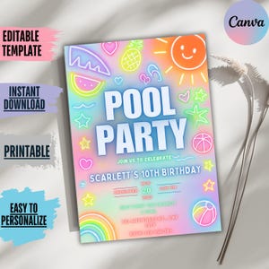 Glow Neon Pool Party Invitation: Tropical Tie Dye (Editable, Instant Download 5x7&quot;)