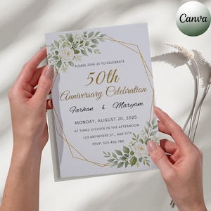 May include: A white invitation card for a 50th anniversary celebration. The card features gold geometric shapes, floral accents, and text that reads "50th Anniversary Celebration Farhan & Maryam". The date and time are also included.