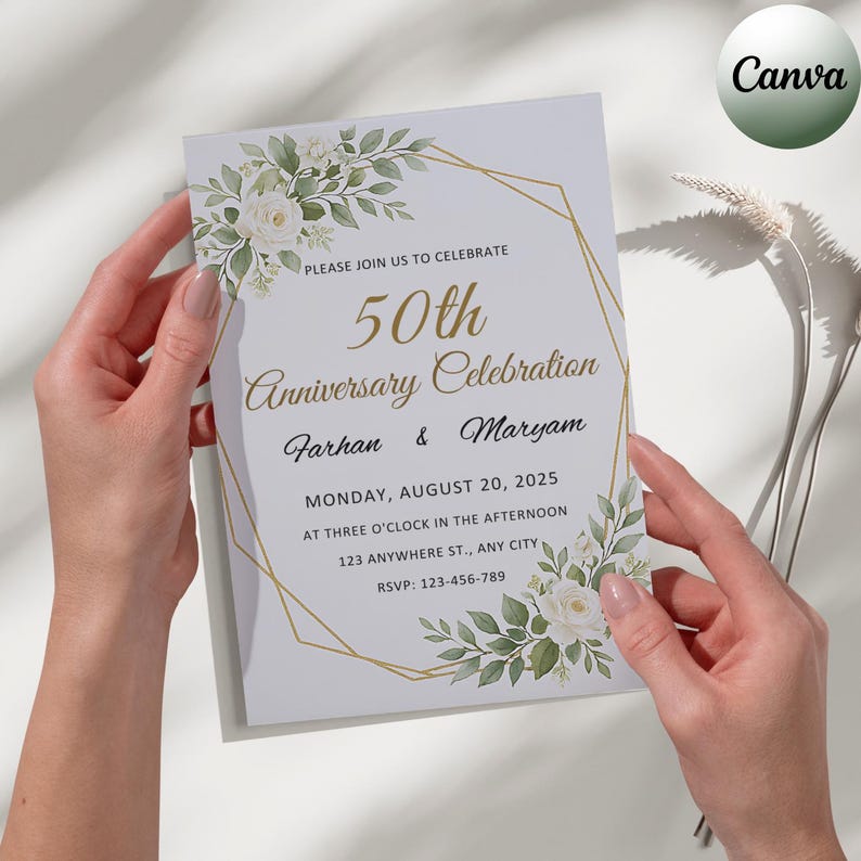 May include: A white invitation card for a 50th anniversary celebration. The card features gold geometric shapes, floral accents, and text that reads "50th Anniversary Celebration Farhan & Maryam". The date and time are also included.