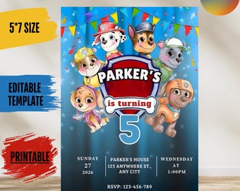 Invitación de cumpleaños de la Patrulla Canina para fiesta infantil de perros, plantilla editable (5x7, descarga digital)