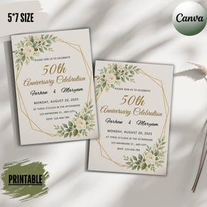 May include: Two 5x7 inch printable anniversary celebration invitations. The design features floral accents, gold geometric frames, and the text "50th Anniversary Celebration" with names, date, time, and RSVP information.