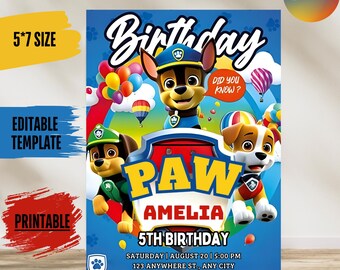 Bewerkbare Paw-ty sjabloon verjaardagsuitnodiging kinderfeestje digitale download