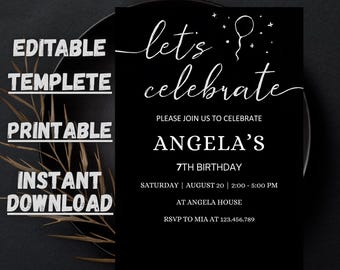 Plantilla de invitación de cumpleaños sorpresa: Invitación para fiesta en negro (archivo digital editable de 5 x 7 pulgadas)