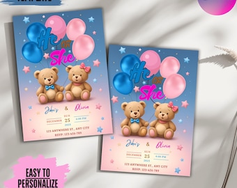 Teddy Bear Gender Reveal Invitation: Pink & Blue, Editable Canva Template