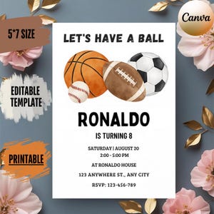 Sports Party Invitation: Editable Baseball, Basketball, Soccer, Football (5x7 Printable Digital Download)