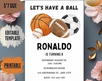 Sports Party Invitation: Editable Baseball, Basketball, Soccer, Football (5x7 Printable Digital Download)