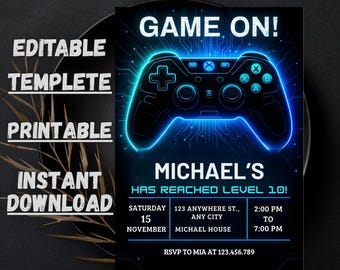 Editable Video Game Birthday Invitation: Level Up, Gamer Boy (5x7 Canva)