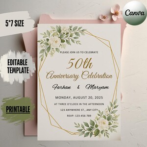 May include: A 5x7 inch printable anniversary celebration invitation. The invitation features gold text that reads "50th Anniversary Celebration" with the names Farhan & Maryam. The design includes floral accents and the text "Editable Template".