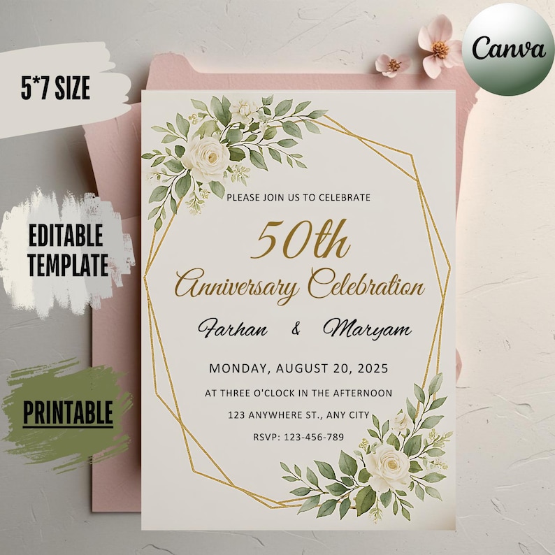 May include: A 5x7 inch printable anniversary celebration invitation. The invitation features gold text that reads "50th Anniversary Celebration" with the names Farhan & Maryam. The design includes floral accents and the text "Editable Template".
