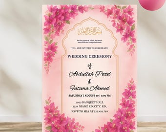 Pink Floral Wedding Invitation Template: Elegant Nikkah, Walima Invite (Canva, Digital Download, 5x7in)