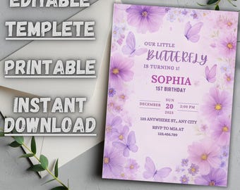 Floral Butterfly 1st Birthday Invitation Pink & Purple (Canva Template 5x7" Digital Download )