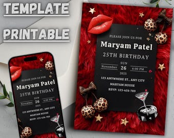 Invitación de cumpleaños con impresión roja, imprimible, descarga instantánea en PDF