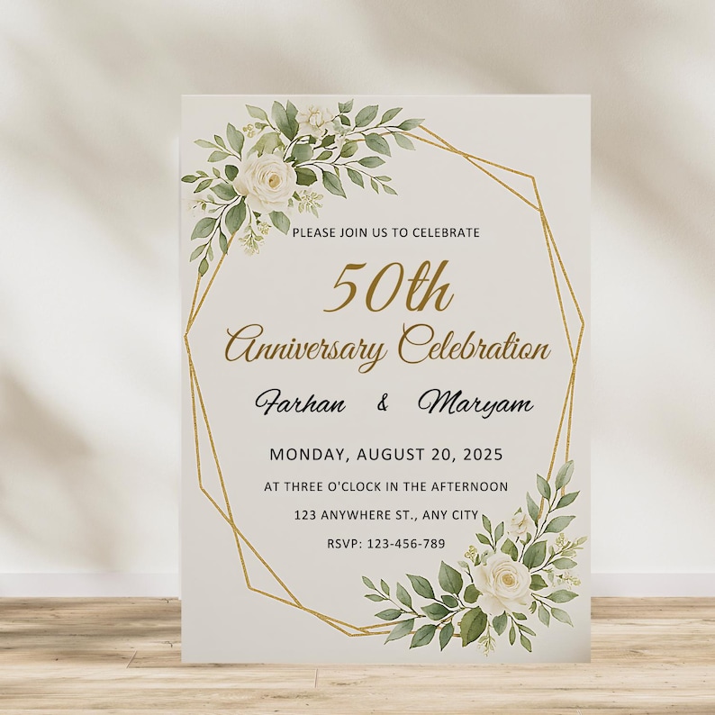May include: An ivory-colored invitation for a 50th Anniversary Celebration. The design features a gold geometric frame, floral accents, and elegant script. The invitation includes the names Farhan & Maryam, date, time, and RSVP information.