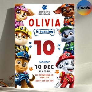 Paw Patrol Birthday Invitation Template, Puppy Rescue Party (5x7in, Digital Download, Editable Canva Card