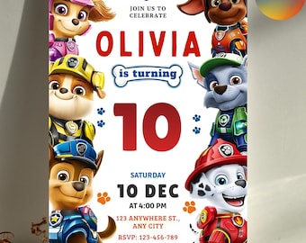 Sjabloon Paw Patrol-verjaardagsuitnodiging, Puppy Rescue Party (5 x 7 inch, digitale download, bewerkbare canvakaart)