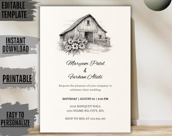 Editable Barn Wedding Invitation digital download printable template