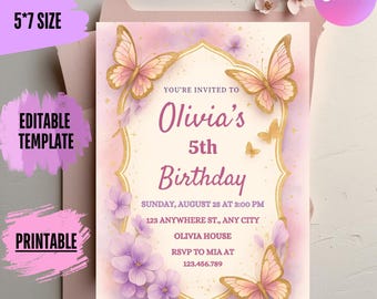 Invitación de cumpleaños con mariposas: Fiesta de niña morada, plantilla editable de Canva (archivo digital de 5 x 7 pulgadas)