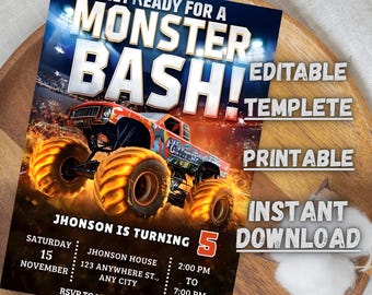 Invitación de cumpleaños de Monster Truck, fiesta de carreras editable (descarga digital)