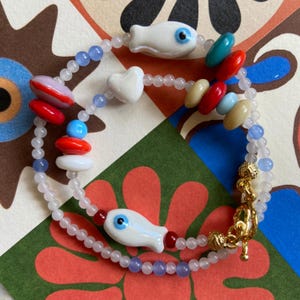 Sardine Fish Beaded Necklace, Glass Bead Necklace, Colorful Necklace, Cute Necklace, Fish Pendant Necklace, Handmade Necklace, Fish Jewelry