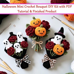 Halloween Ghost Pumpkin Crochet Mini Bouquet,Handmade Fall Floral Decor,DIY Crochet Kit With PDF Tutorial/Finished Product,Bouquet Keychain