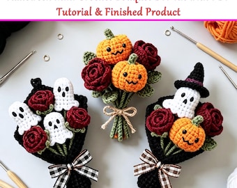 Halloween Ghost Pumpkin Crochet Mini Bouquet,Handmade Fall Floral Decor,DIY Crochet Kit With PDF Tutorial/Finished Product,Bouquet Keychain