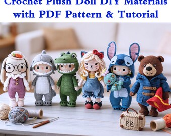Crochet Bear/Bunny/Shark/Captain Frog Toy DIY Kit with PDF Tutorial,Blue Alien Plush Pattern, Amigurumi Frog,Soft Amigurumi Shark Doll Toy
