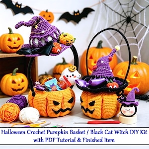 May include: Two orange crochet pumpkin baskets with black jack-o'-lantern faces and black handles. Each basket is topped with a purple crochet witch hat, one featuring a black bow and the other a purple ribbon. Includes a small crochet cat figure.