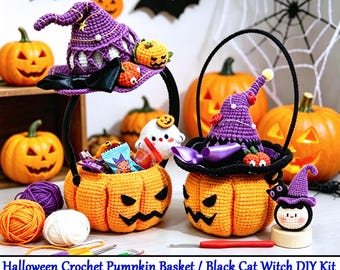 Halloween Crochet Pumpkin Basket / Black Cat Witch DIY Kit with PDF Tutorial & Finished Item,Pumpkin Ghost  Basket,Trick Or Treat Candy Bag