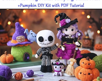 Halloween Collection Crochet Witch+Magic House Candy Bag+Skeleton Man+Pumpkin DIY Kit with PDF Tutorial,Trick or Treat Candy Holder Bag