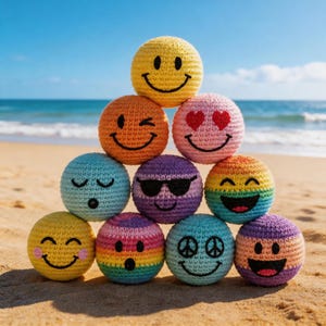 Könnte beinhalten: Eine Pyramide aus bunten, gehäkelten Emoji-Bällen an einem Sandstrand. Die Bälle zeigen verschiedene Gesichtsausdrücke, darunter lächelnd, zwinkernd und Herzen für die Augen. Die Farben umfassen Gelb, Orange, Rosa, Blau, Lila und Regenbogenstreifen.