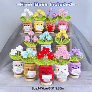 Peut inclure: Plusieurs pots de fleurs au crochet de différentes couleurs : blanc, jaune, rose, bleu, rouge et violet. Chaque pot a un visage souriant et une petite pancarte. Base incluse. Dimensions : 14cm x 6cm.
