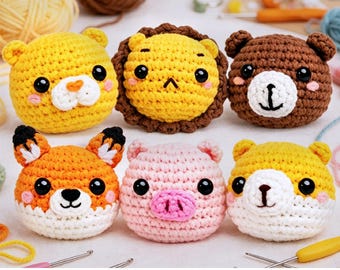 Crochet Fox/Pig/Dog/Lion/Bear DIY Material Kit+PDF Tutorial,Nursery Mobile For Baby,Nursery Worker Gift,Crochet Animals,Step-by-Step Craft