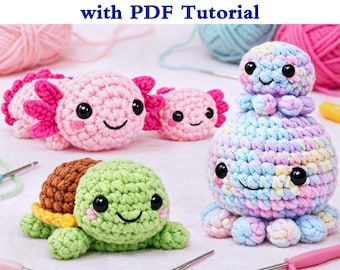 Crochet Salamander Octopus Turtle DIY Ki+PDF Tutorial,Crochet Octopus Jellyfish,DIY Animal Crochet Kit for Beginners: Step-by-Step Craft Set