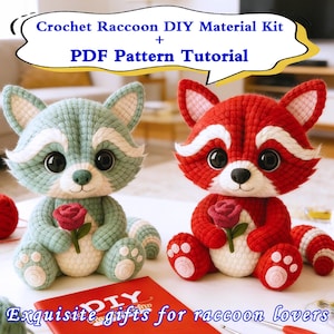 May include: Two crocheted raccoon plushies, one teal and one red, each holding a red rose. The image includes text that reads "Crochet Raccoon DIY Material Kit + PDF Pattern Tutorial" and "Exquisite gifts for raccoon lovers."